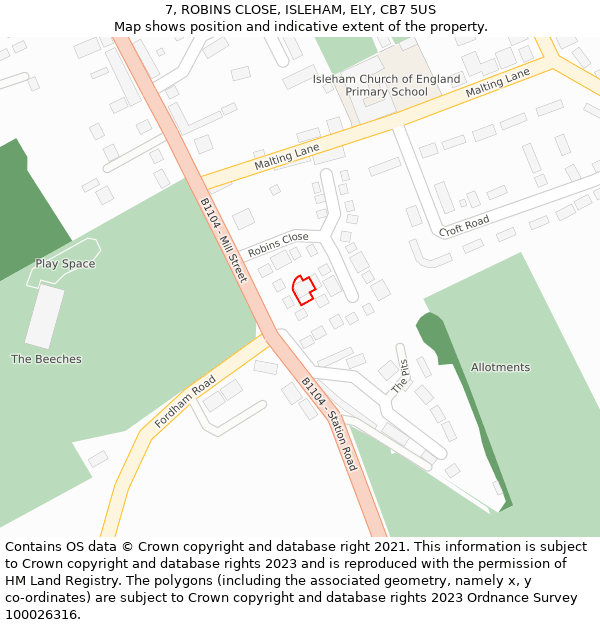 7, ROBINS CLOSE, ISLEHAM, ELY, CB7 5US: Location map and indicative extent of plot