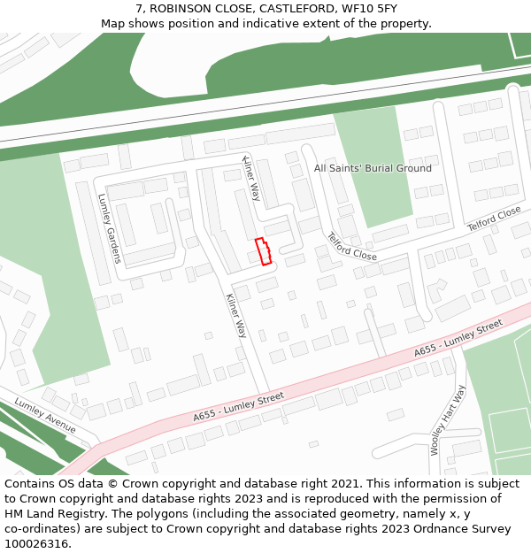 7, ROBINSON CLOSE, CASTLEFORD, WF10 5FY: Location map and indicative extent of plot