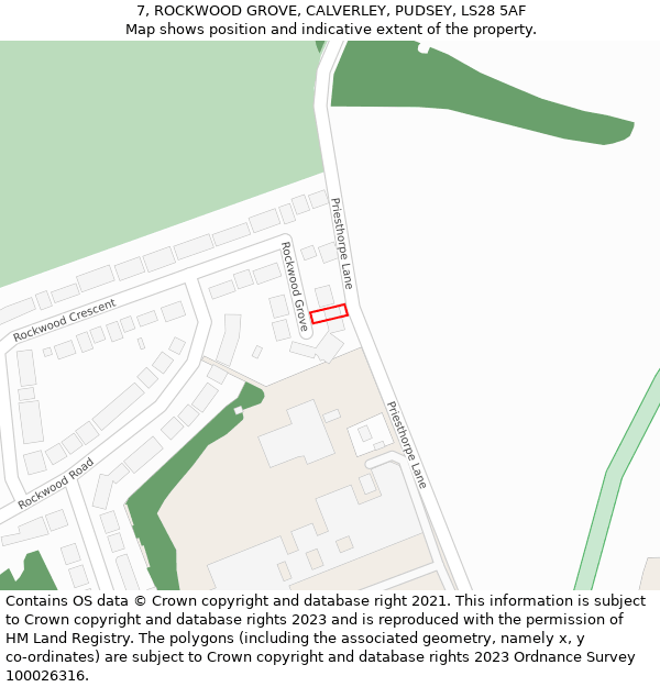 7, ROCKWOOD GROVE, CALVERLEY, PUDSEY, LS28 5AF: Location map and indicative extent of plot