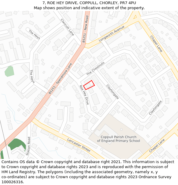 7, ROE HEY DRIVE, COPPULL, CHORLEY, PR7 4PU: Location map and indicative extent of plot