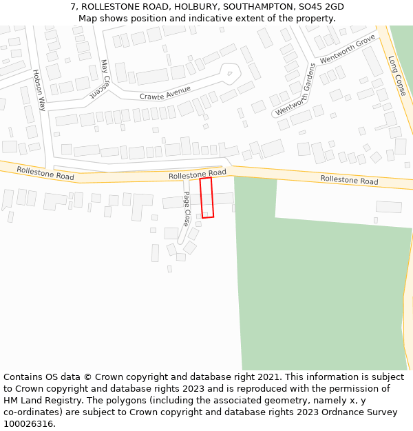 7, ROLLESTONE ROAD, HOLBURY, SOUTHAMPTON, SO45 2GD: Location map and indicative extent of plot