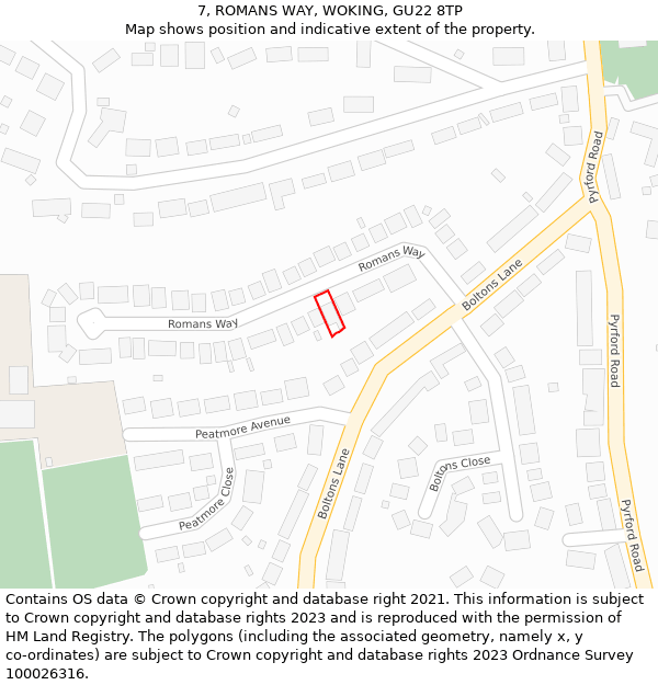 7, ROMANS WAY, WOKING, GU22 8TP: Location map and indicative extent of plot