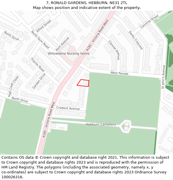 7, RONALD GARDENS, HEBBURN, NE31 2TL: Location map and indicative extent of plot