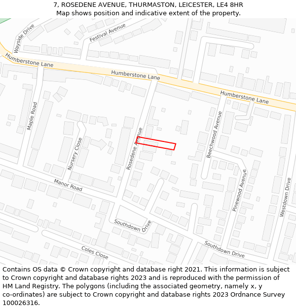 7, ROSEDENE AVENUE, THURMASTON, LEICESTER, LE4 8HR: Location map and indicative extent of plot