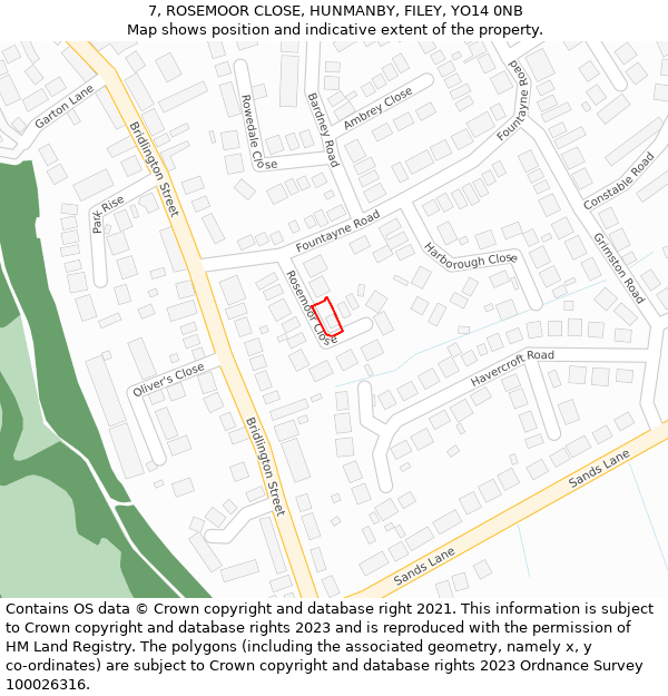 7, ROSEMOOR CLOSE, HUNMANBY, FILEY, YO14 0NB: Location map and indicative extent of plot