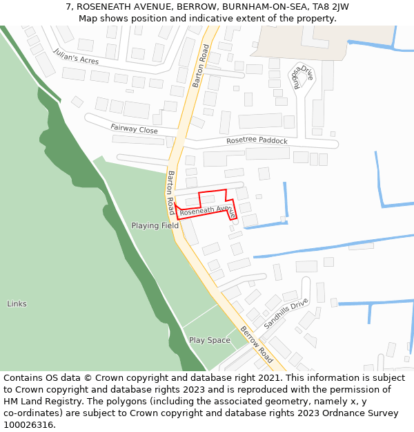 7, ROSENEATH AVENUE, BERROW, BURNHAM-ON-SEA, TA8 2JW: Location map and indicative extent of plot