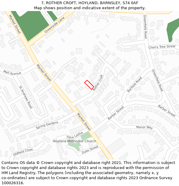 7, ROTHER CROFT, HOYLAND, BARNSLEY, S74 0AF: Location map and indicative extent of plot