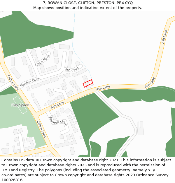 7, ROWAN CLOSE, CLIFTON, PRESTON, PR4 0YQ: Location map and indicative extent of plot