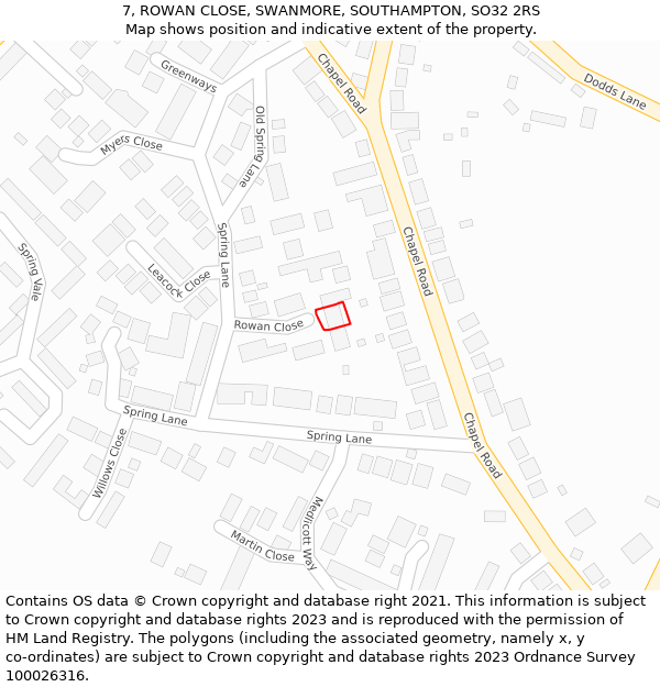 7, ROWAN CLOSE, SWANMORE, SOUTHAMPTON, SO32 2RS: Location map and indicative extent of plot