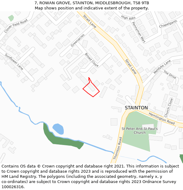 7, ROWAN GROVE, STAINTON, MIDDLESBROUGH, TS8 9TB: Location map and indicative extent of plot