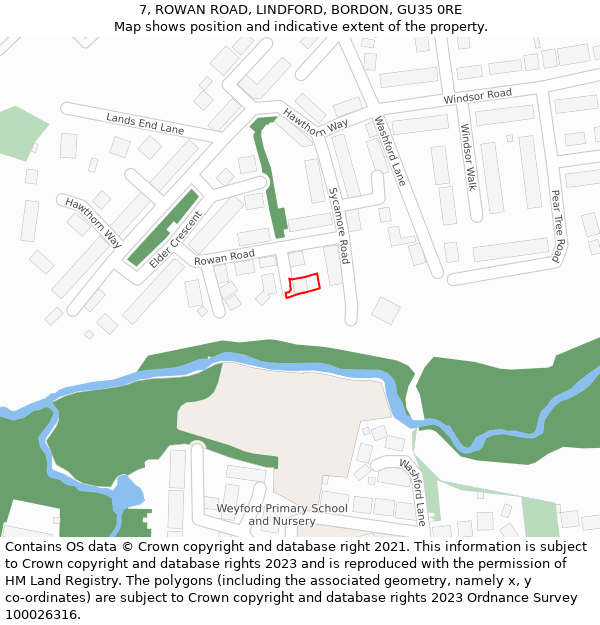 7, ROWAN ROAD, LINDFORD, BORDON, GU35 0RE: Location map and indicative extent of plot