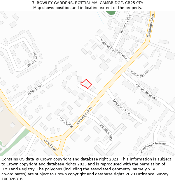 7, ROWLEY GARDENS, BOTTISHAM, CAMBRIDGE, CB25 9TA: Location map and indicative extent of plot