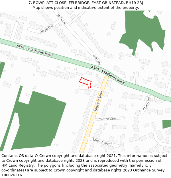 7, ROWPLATT CLOSE, FELBRIDGE, EAST GRINSTEAD, RH19 2RJ: Location map and indicative extent of plot