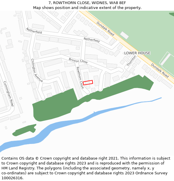 7, ROWTHORN CLOSE, WIDNES, WA8 8EF: Location map and indicative extent of plot