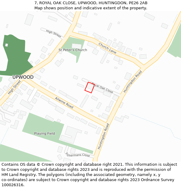 7, ROYAL OAK CLOSE, UPWOOD, HUNTINGDON, PE26 2AB: Location map and indicative extent of plot