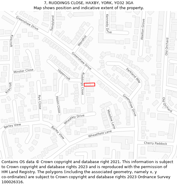 7, RUDDINGS CLOSE, HAXBY, YORK, YO32 3GA: Location map and indicative extent of plot