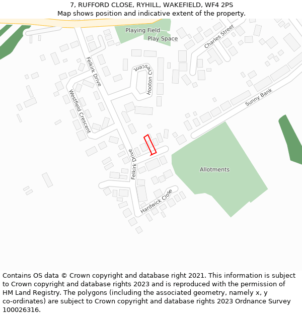 7, RUFFORD CLOSE, RYHILL, WAKEFIELD, WF4 2PS: Location map and indicative extent of plot