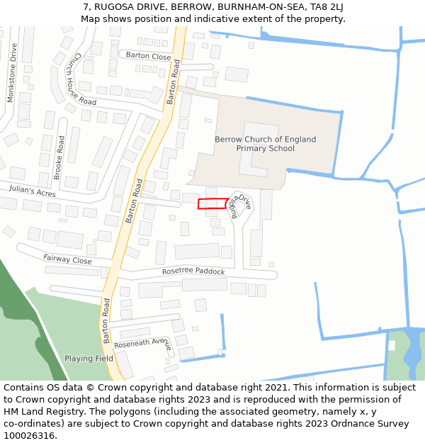 7, RUGOSA DRIVE, BERROW, BURNHAM-ON-SEA, TA8 2LJ: Location map and indicative extent of plot