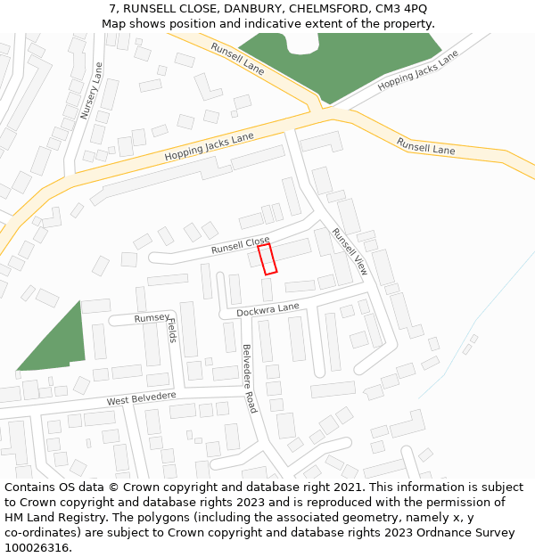 7, RUNSELL CLOSE, DANBURY, CHELMSFORD, CM3 4PQ: Location map and indicative extent of plot