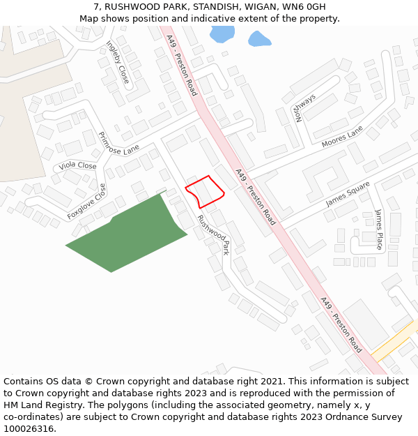 7, RUSHWOOD PARK, STANDISH, WIGAN, WN6 0GH: Location map and indicative extent of plot