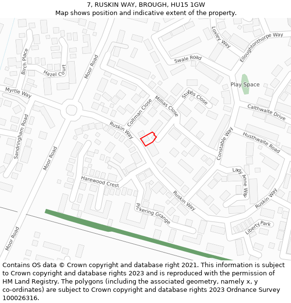 7, RUSKIN WAY, BROUGH, HU15 1GW: Location map and indicative extent of plot