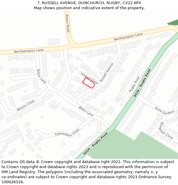 7, RUSSELL AVENUE, DUNCHURCH, RUGBY, CV22 6PX: Location map and indicative extent of plot