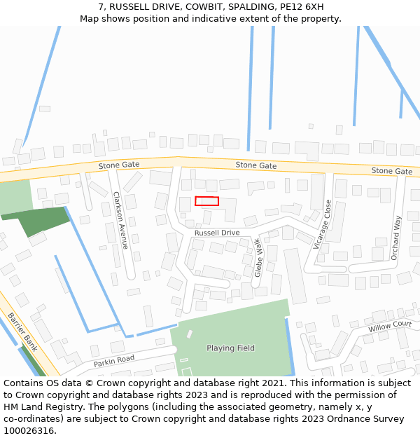 7, RUSSELL DRIVE, COWBIT, SPALDING, PE12 6XH: Location map and indicative extent of plot