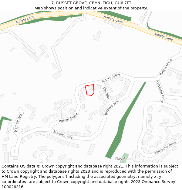 7, RUSSET GROVE, CRANLEIGH, GU6 7FT: Location map and indicative extent of plot