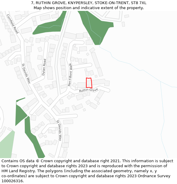 7, RUTHIN GROVE, KNYPERSLEY, STOKE-ON-TRENT, ST8 7XL: Location map and indicative extent of plot