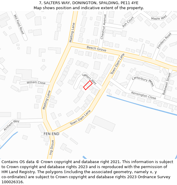 7, SALTERS WAY, DONINGTON, SPALDING, PE11 4YE: Location map and indicative extent of plot