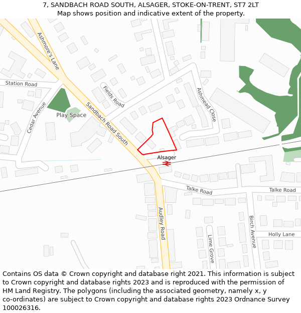 7, SANDBACH ROAD SOUTH, ALSAGER, STOKE-ON-TRENT, ST7 2LT: Location map and indicative extent of plot