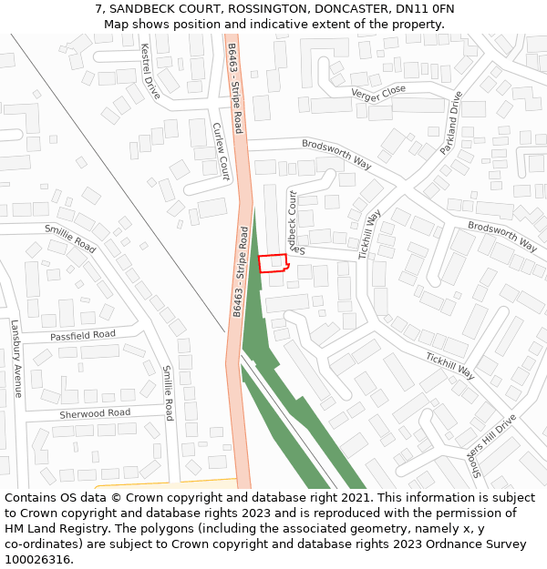 7, SANDBECK COURT, ROSSINGTON, DONCASTER, DN11 0FN: Location map and indicative extent of plot