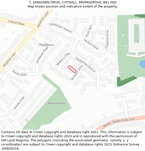 7, SANDOWN DRIVE, CATSHILL, BROMSGROVE, B61 0SD: Location map and indicative extent of plot