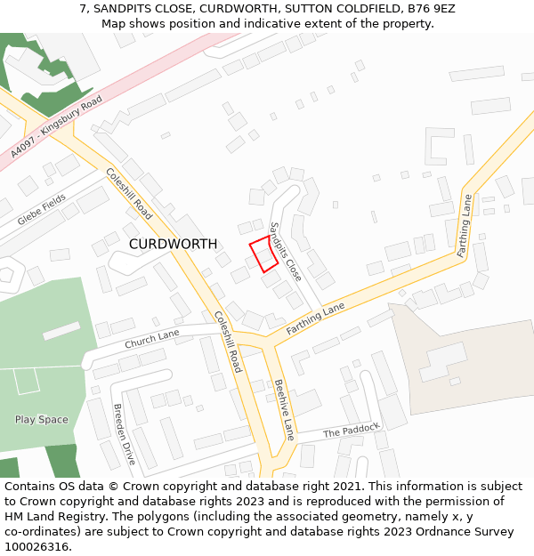 7, SANDPITS CLOSE, CURDWORTH, SUTTON COLDFIELD, B76 9EZ: Location map and indicative extent of plot