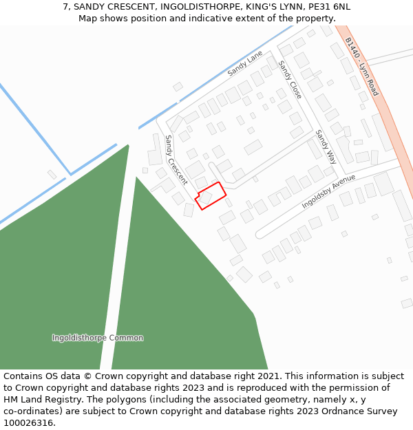 7, SANDY CRESCENT, INGOLDISTHORPE, KING'S LYNN, PE31 6NL: Location map and indicative extent of plot