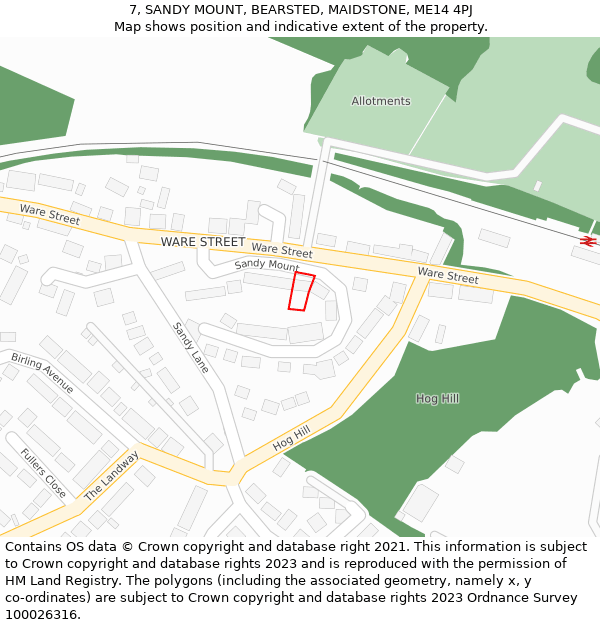 7, SANDY MOUNT, BEARSTED, MAIDSTONE, ME14 4PJ: Location map and indicative extent of plot