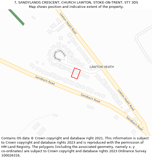 7, SANDYLANDS CRESCENT, CHURCH LAWTON, STOKE-ON-TRENT, ST7 3DS: Location map and indicative extent of plot