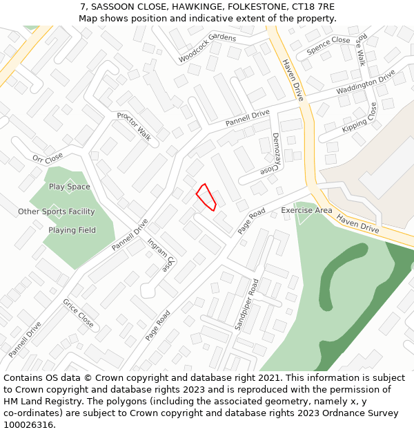 7, SASSOON CLOSE, HAWKINGE, FOLKESTONE, CT18 7RE: Location map and indicative extent of plot