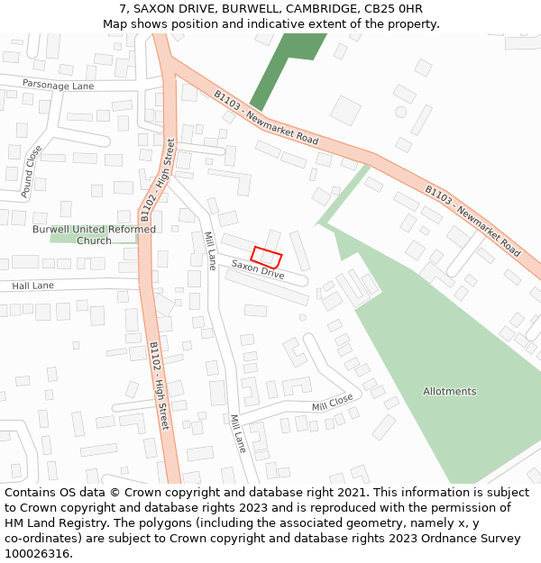 7, SAXON DRIVE, BURWELL, CAMBRIDGE, CB25 0HR: Location map and indicative extent of plot