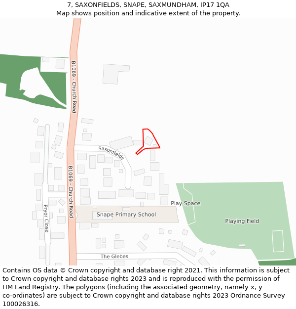 7, SAXONFIELDS, SNAPE, SAXMUNDHAM, IP17 1QA: Location map and indicative extent of plot