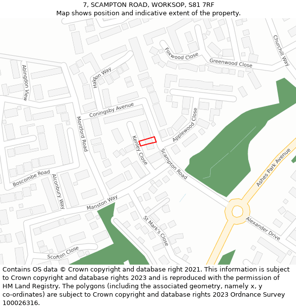 7, SCAMPTON ROAD, WORKSOP, S81 7RF: Location map and indicative extent of plot