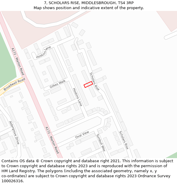 7, SCHOLARS RISE, MIDDLESBROUGH, TS4 3RP: Location map and indicative extent of plot