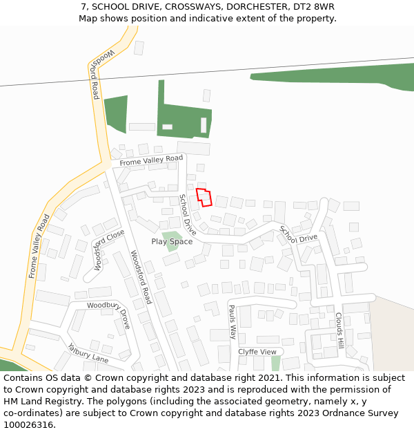 7, SCHOOL DRIVE, CROSSWAYS, DORCHESTER, DT2 8WR: Location map and indicative extent of plot