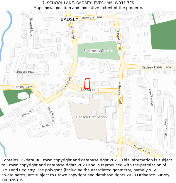 7, SCHOOL LANE, BADSEY, EVESHAM, WR11 7ES: Location map and indicative extent of plot
