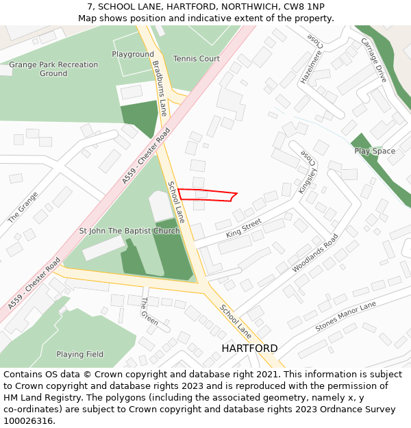 7, SCHOOL LANE, HARTFORD, NORTHWICH, CW8 1NP: Location map and indicative extent of plot