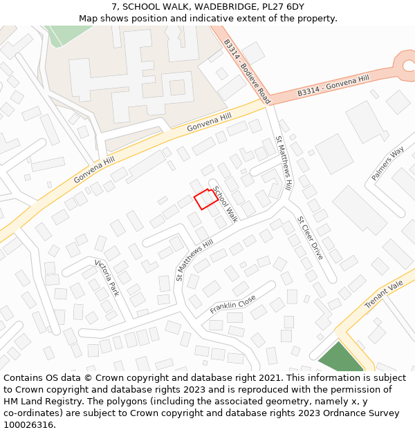 7, SCHOOL WALK, WADEBRIDGE, PL27 6DY: Location map and indicative extent of plot