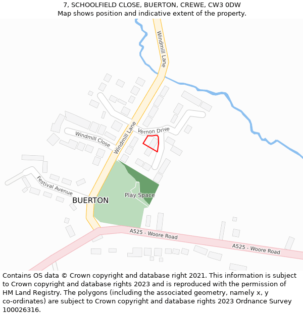 7, SCHOOLFIELD CLOSE, BUERTON, CREWE, CW3 0DW: Location map and indicative extent of plot