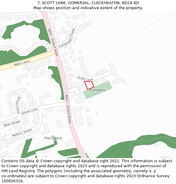 7, SCOTT LANE, GOMERSAL, CLECKHEATON, BD19 4JY: Location map and indicative extent of plot