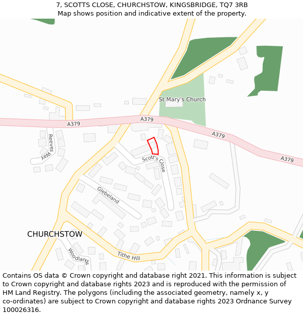 7, SCOTTS CLOSE, CHURCHSTOW, KINGSBRIDGE, TQ7 3RB: Location map and indicative extent of plot