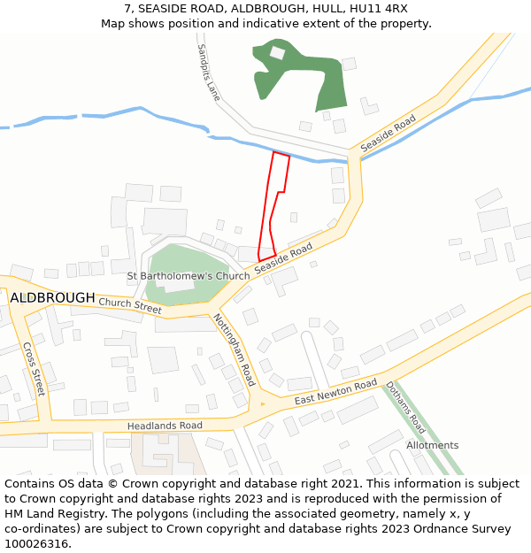 7, SEASIDE ROAD, ALDBROUGH, HULL, HU11 4RX: Location map and indicative extent of plot